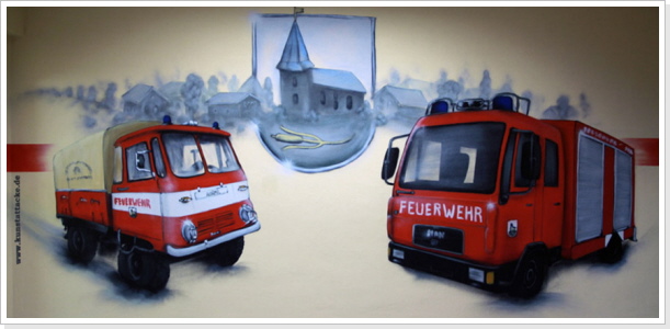 "Feuerwehr alt/neu" Feuerwehr Riethnordhausen "Feuerwehr alt/neu" Wandgestaltung (innen)